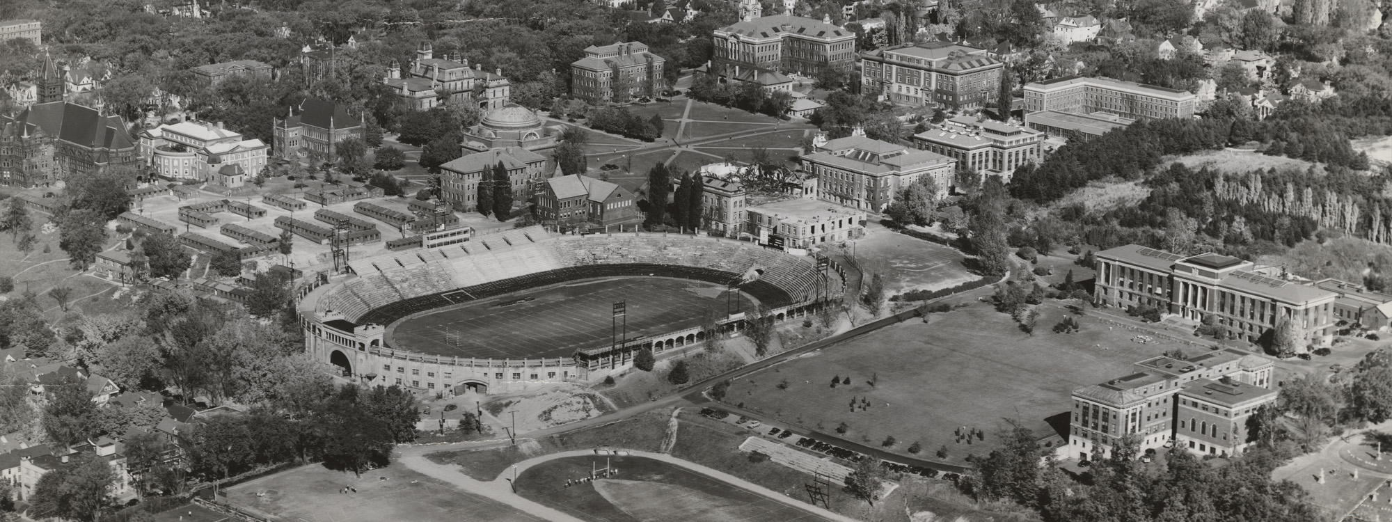 Detail from aerial photograph of Syracuse University’s main campus, between 1947 and 1949.